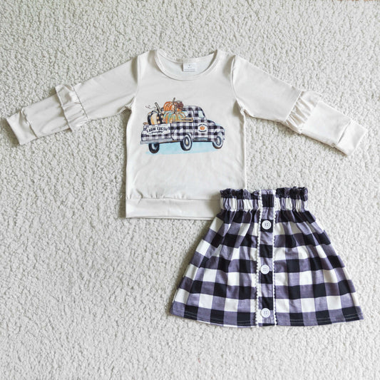 Promotion Girls Kids Long Sleeves Pumpkins Truck Shirt Black Plaid Skirt Outfit RTS