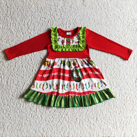 Promotion Baby Girl Long Sleeves Christmas Frog Ruffle Dress