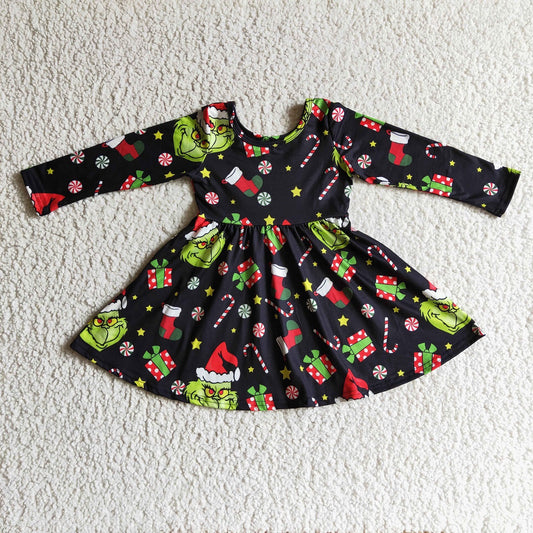 Promotion Baby Girl Long Sleeves Christmas Frog Ruffle Dress