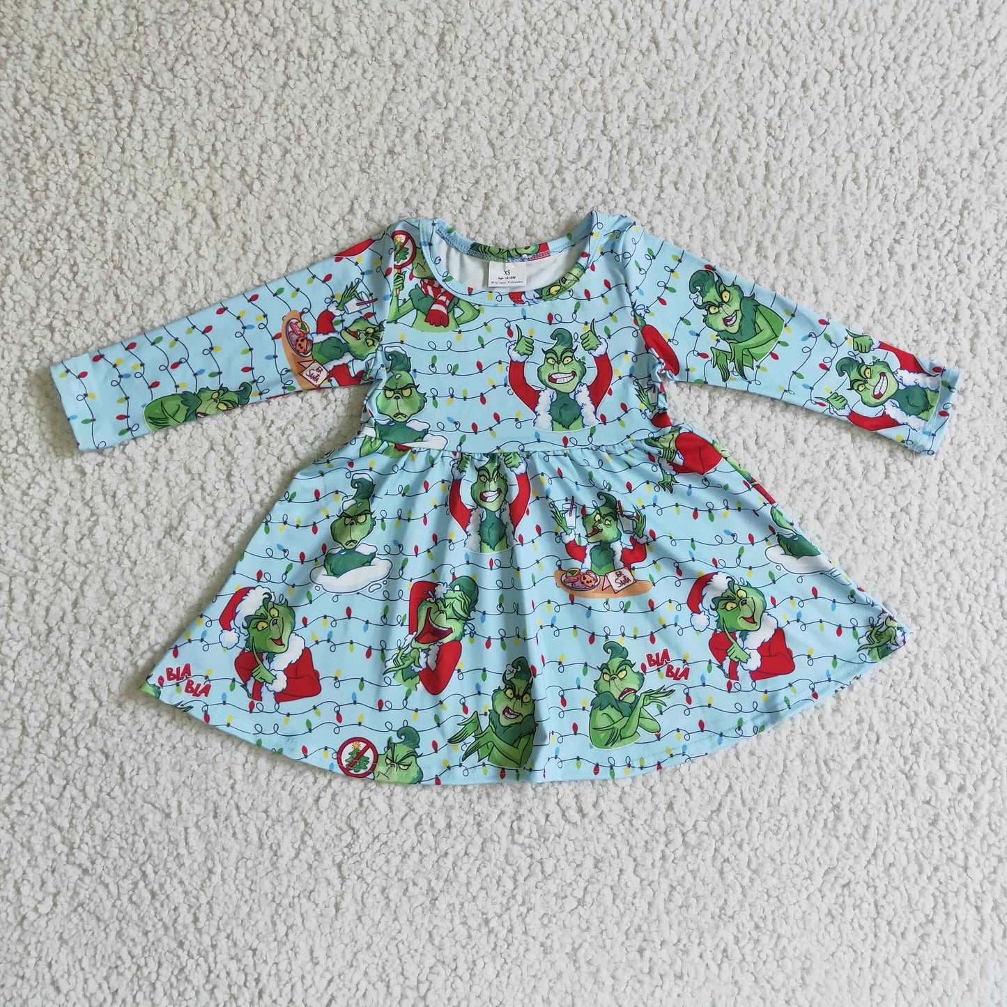 Promotion Baby Girl Long Sleeves Christmas Green Face Twirl Dress