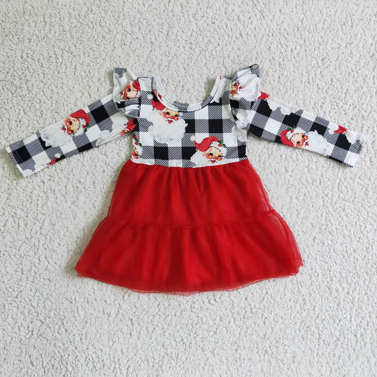 Promotion Baby Girl Long Sleeves Christmas Santa Plaid Tulle Dress