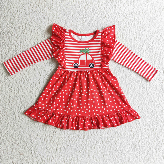 Promotion Baby Girl Red Car Christmas Stripe Dress