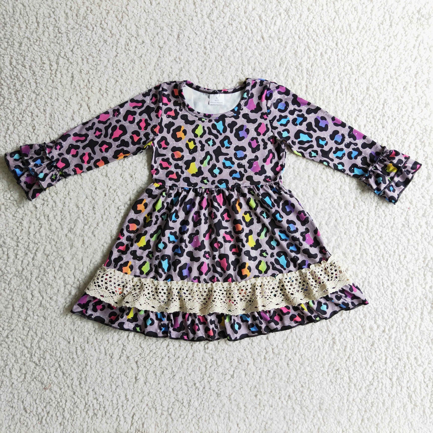 Promotion Baby Girl Long Sleeves Colorful Leopard Ruffle Dress