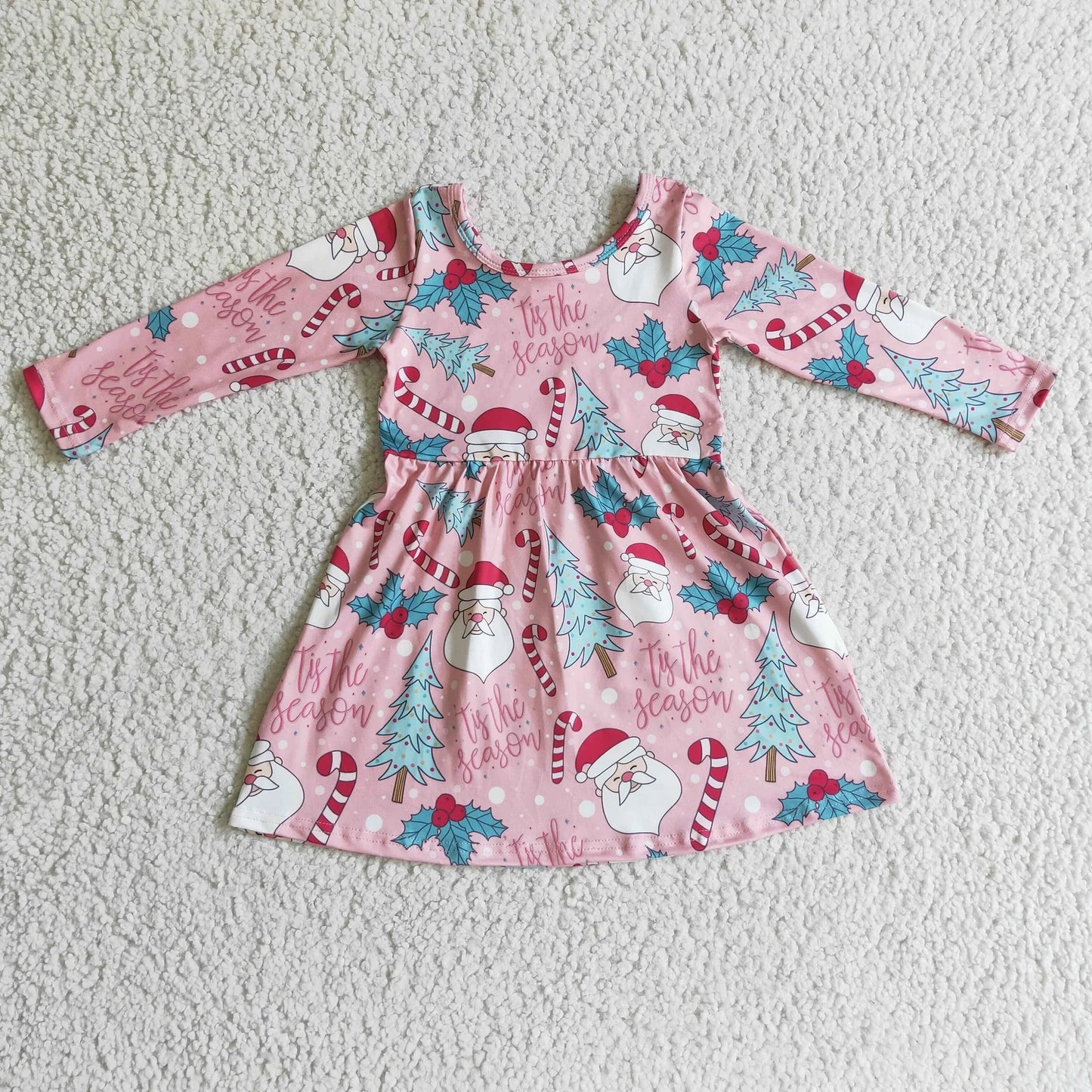 Promotion Baby Girl Long Sleeves Santa Christmas Tree Pink Dress RTS
