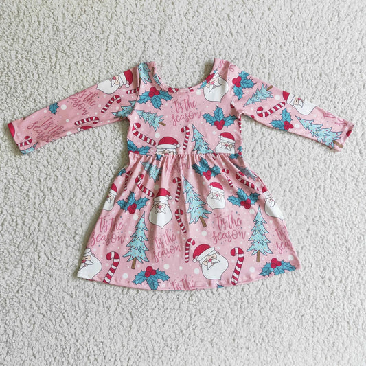 Promotion Baby Girl Long Sleeves Santa Christmas Tree Pink Dress RTS