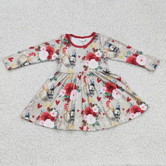 Promotion Baby Girl Long Sleeves Valentine's Chicken Floral Twirl Dress