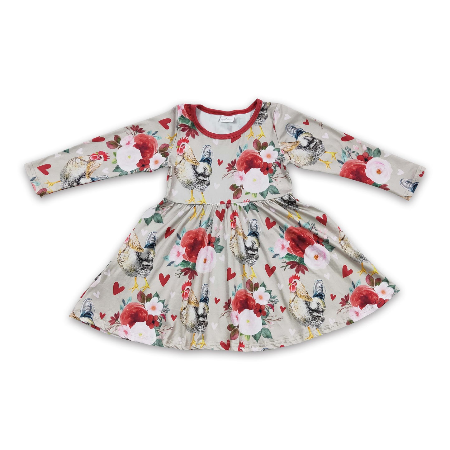 Promotion Baby Girl Long Sleeves Valentine's Chicken Floral Twirl Dress