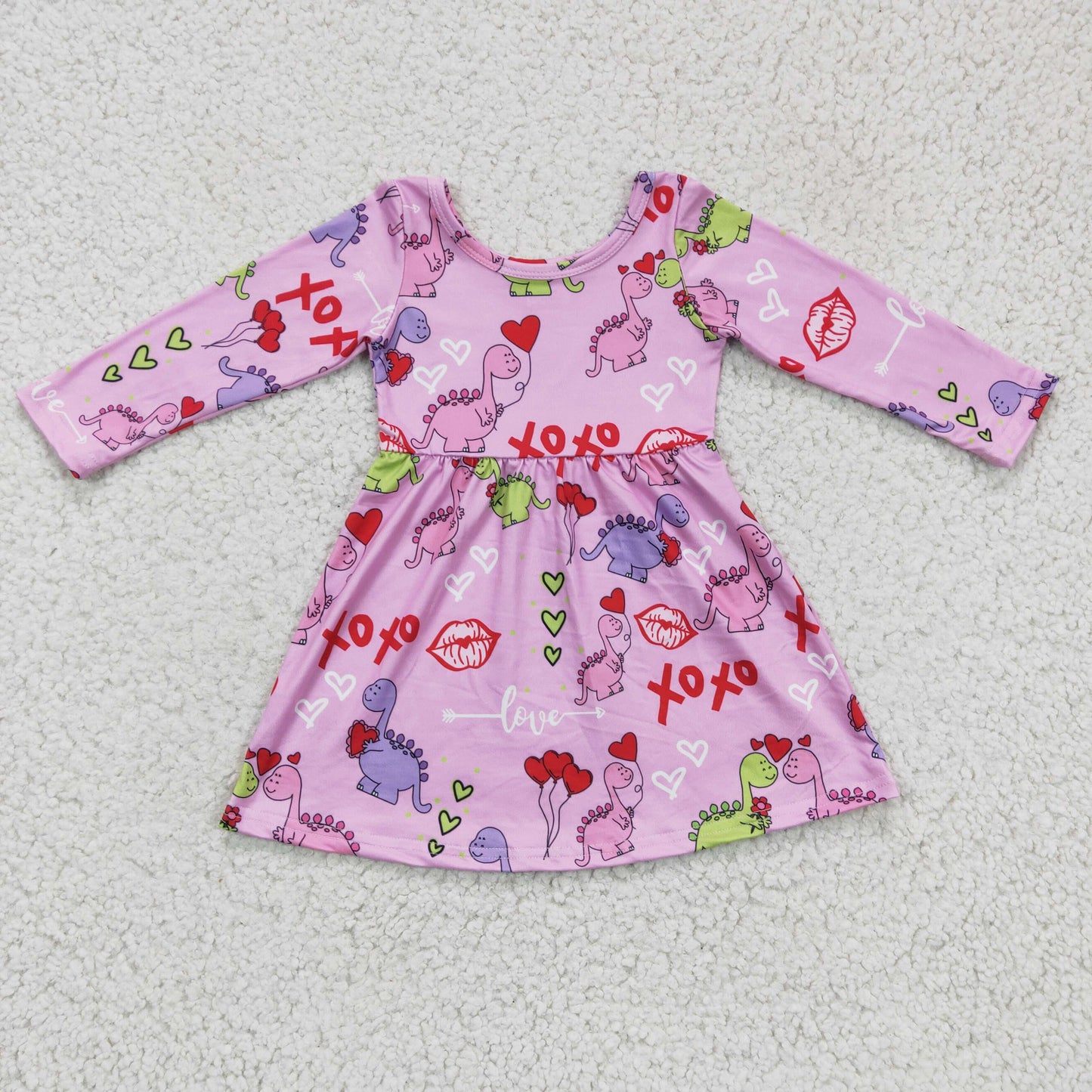 Promotion Baby Girl Long Sleeves Valentine's Day Dinosaur Pink Dress