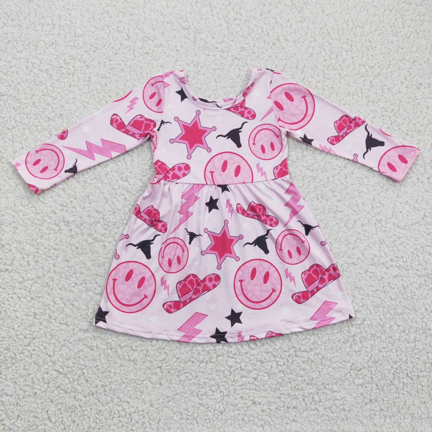 Promotion Baby Girl Western Pink Long Sleeves Smile Hats Dress RTS