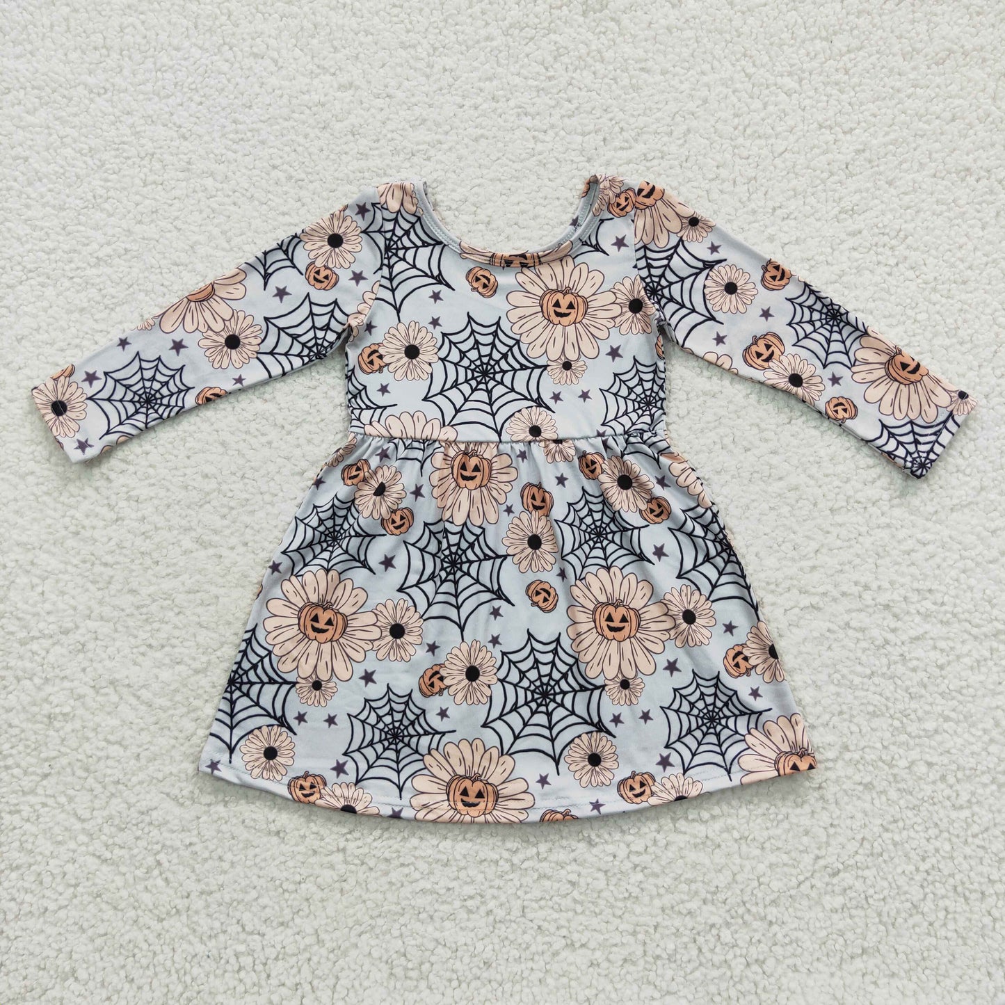 Promotion Baby Girl Long Sleeves Halloween Pumpkins Flower Dress RTS