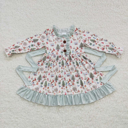 Sibling Girls Kids Long Sleeves Christmas Bubble Romper Knee Length Dress Clothes RTS