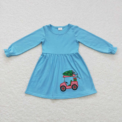 Baby Boy Girl Kids Blue Long Sleeves Christmas Embroidery Tractor Sibling Shirt Dress