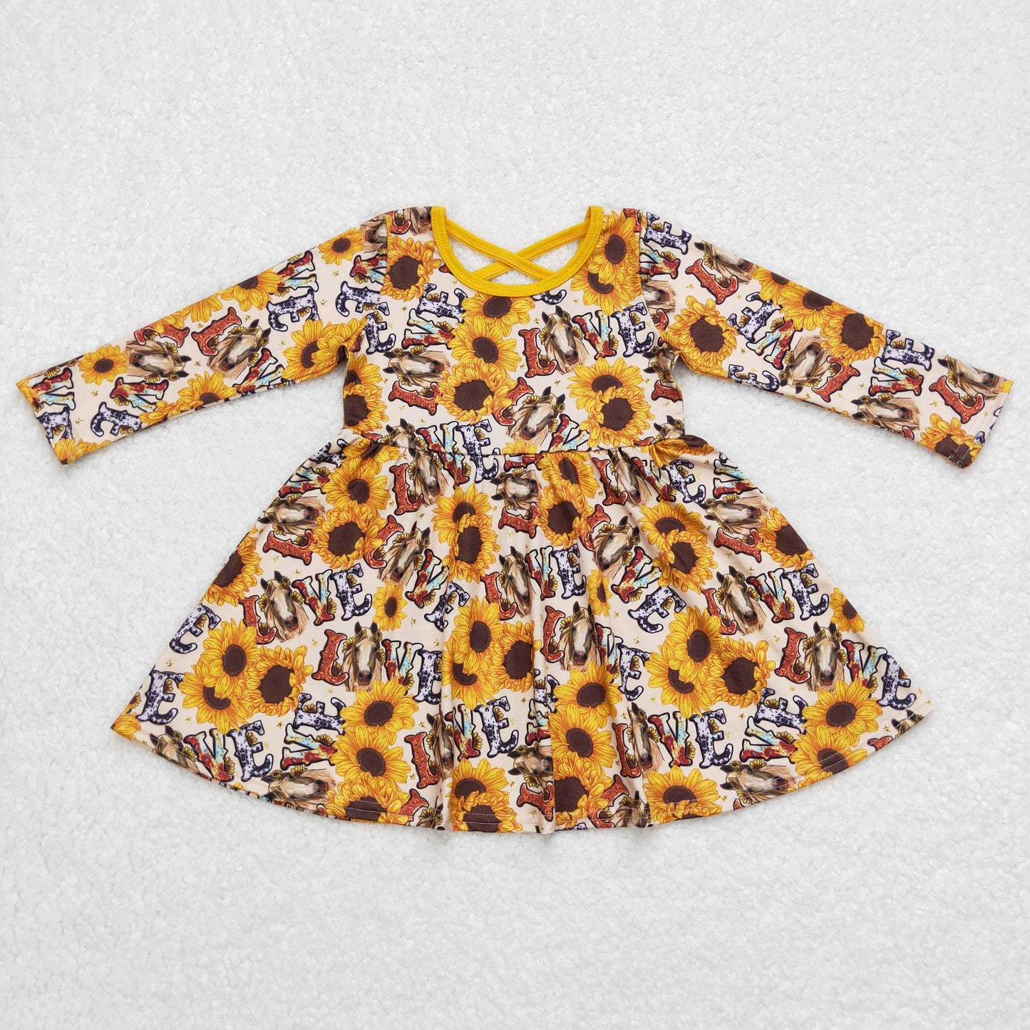 Promotion Baby Girl Long Sleeves Horse Sunflower Western Twirl Dress