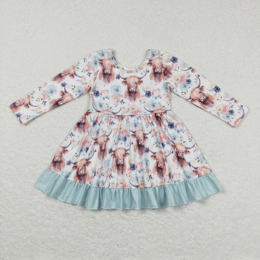 Promotion Baby Girl Long Sleeves Western Cow Floral Twirl Dress