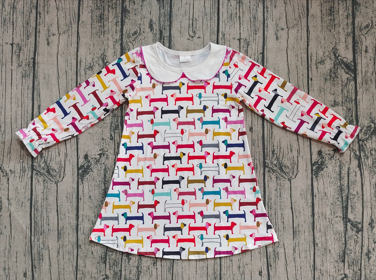 Baby Girl Long Sleeves Colorful Dogs Knee Length Dress RTS