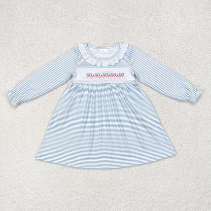 Baby Girl Blue Stripes Bows Sibling Sister Embroidery Romper Dress