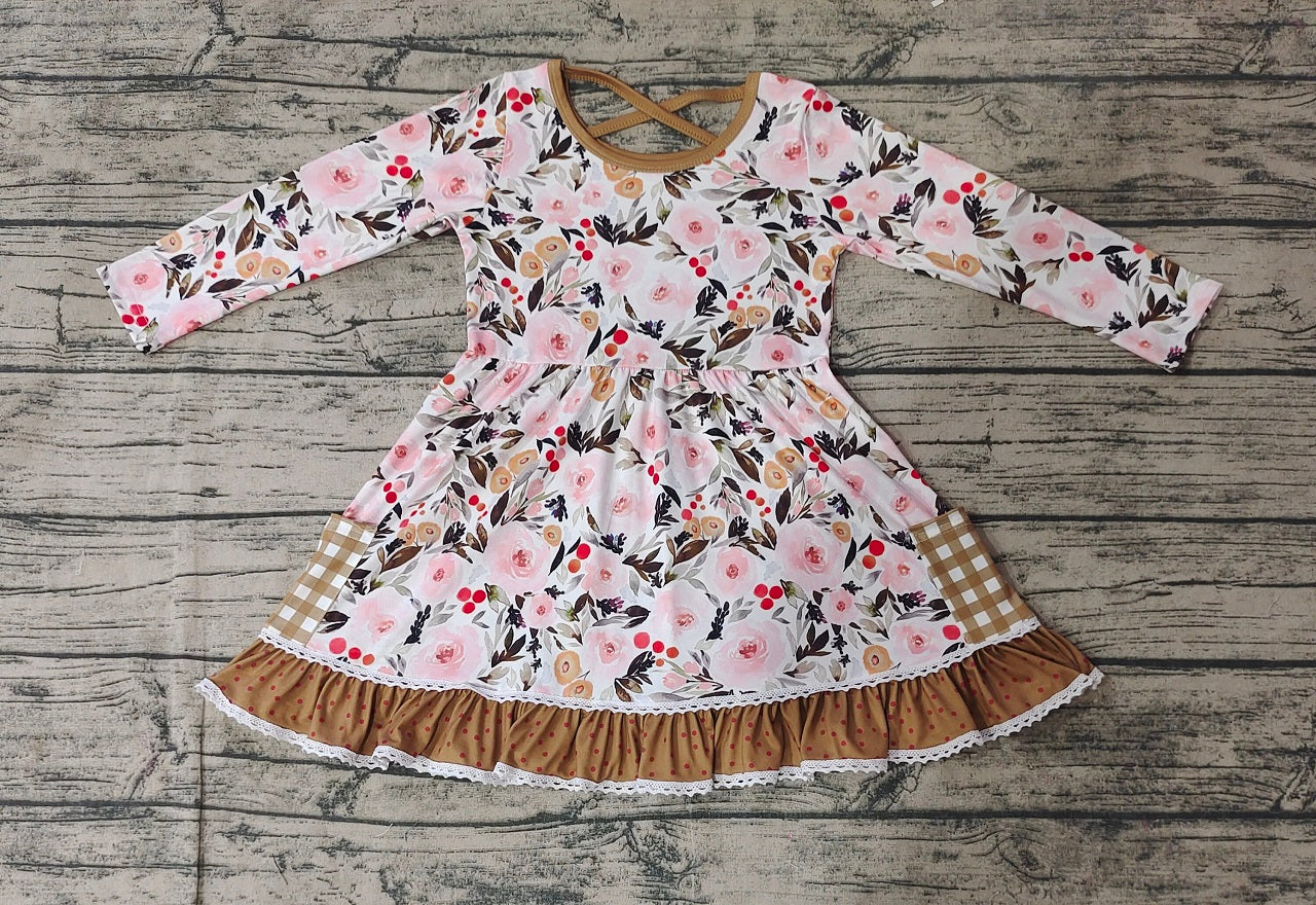 Baby Girl Long Sleeves Flower Pocket Fall Knee Length Dress