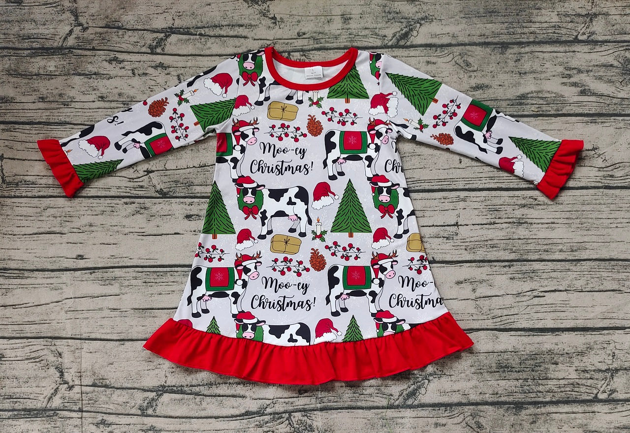 Baby Girl Long Sleeves Christmas Cows Knee Length Gowns Dress