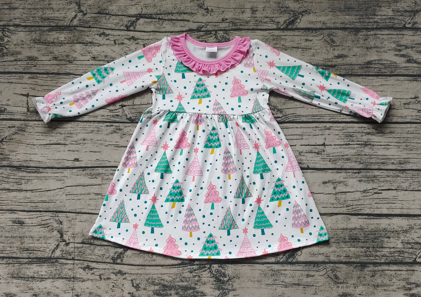 Baby Girl Long Sleeves Christmas Colorful Trees Dress