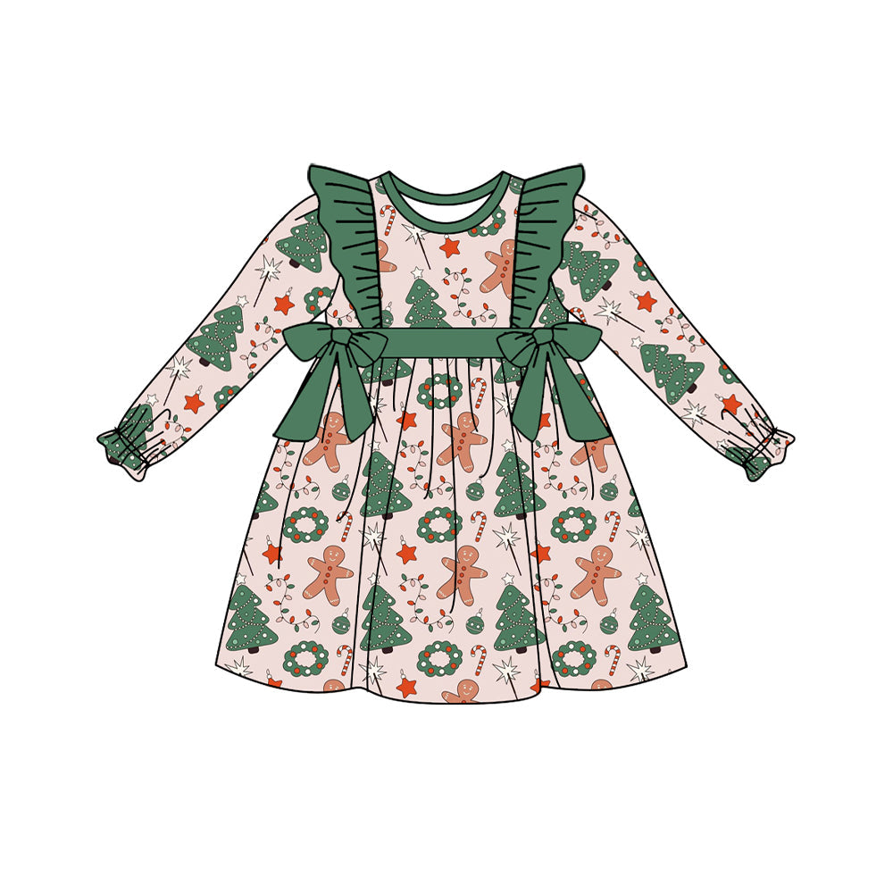 Pre-order Baby Girls Christmas Gingerbread Bows Long Sleeve Knee Length Dress