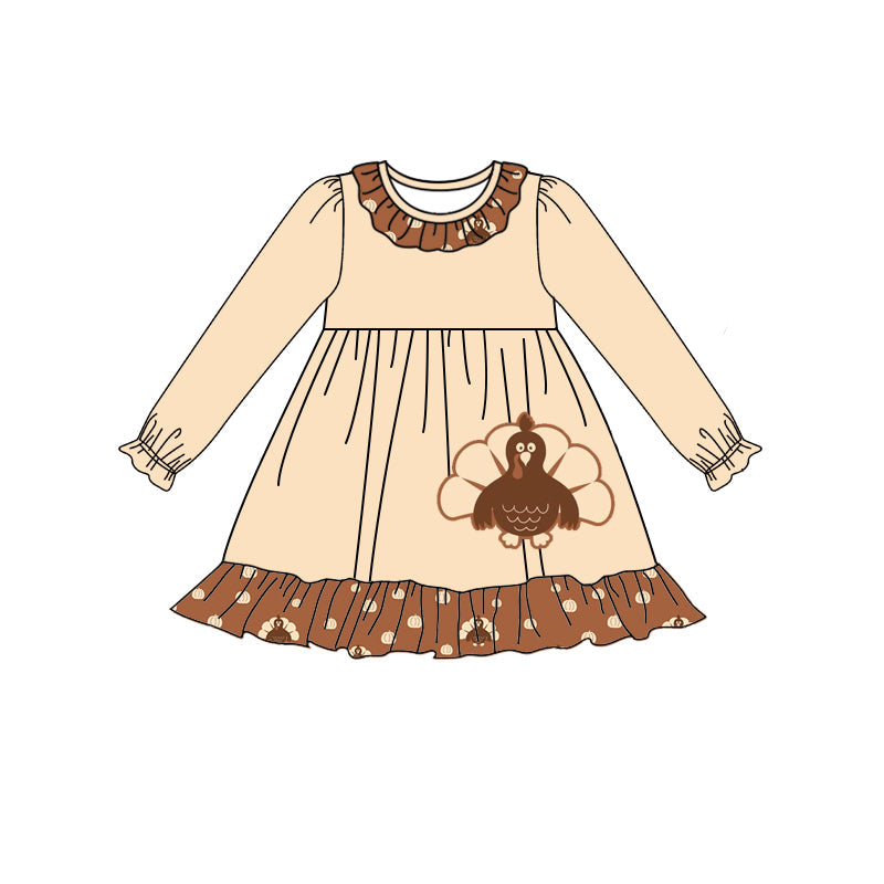 Pre-order Baby Girls Thanksgiving Turkey Pumpkin Long Sleeve Dress