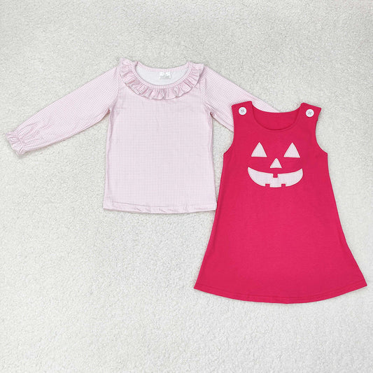 Baby Girl Pink Halloween Face 2pcs Shirt Embroidery Dress Set