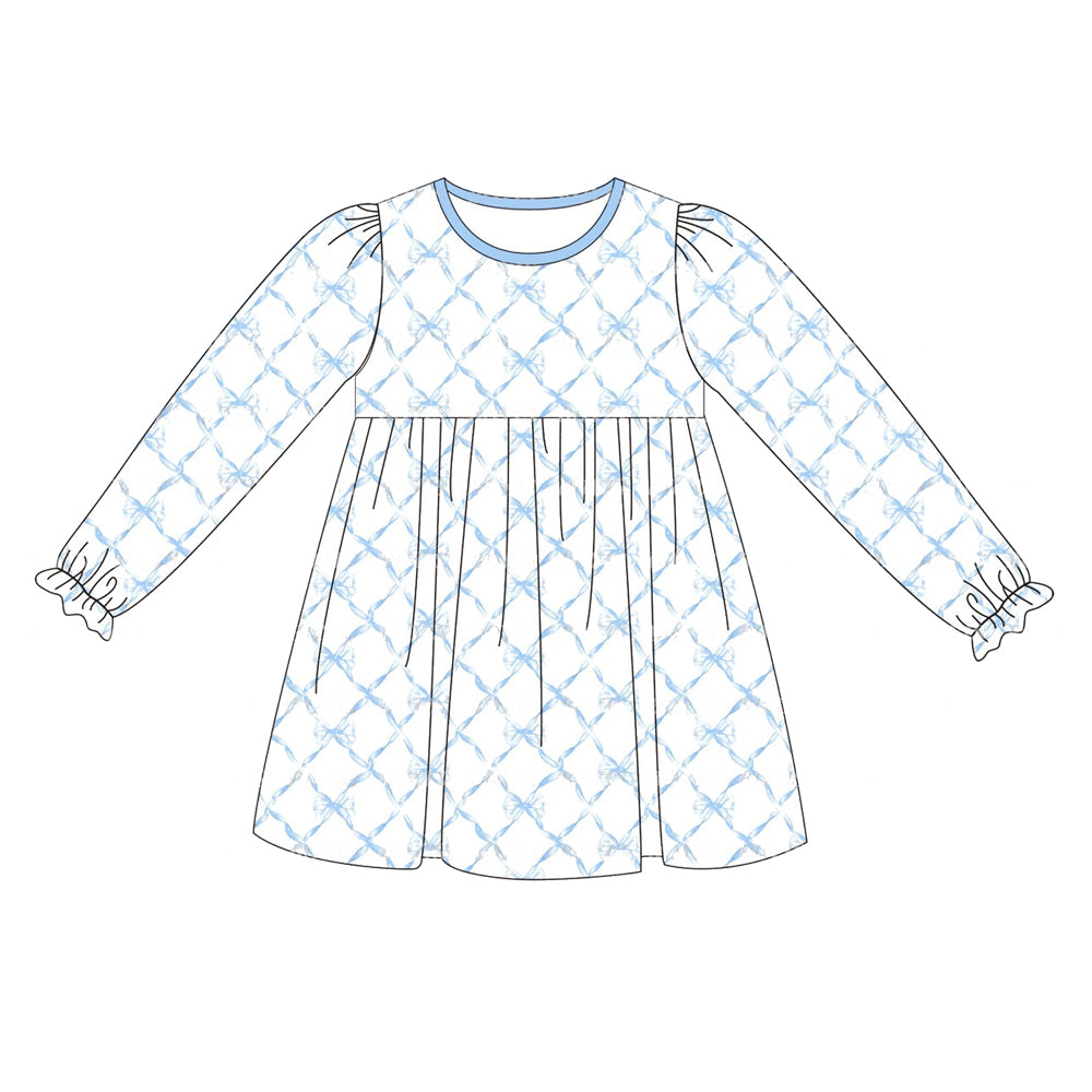 Pre-order Baby Girl Long Sleeves Blue Bows Dress