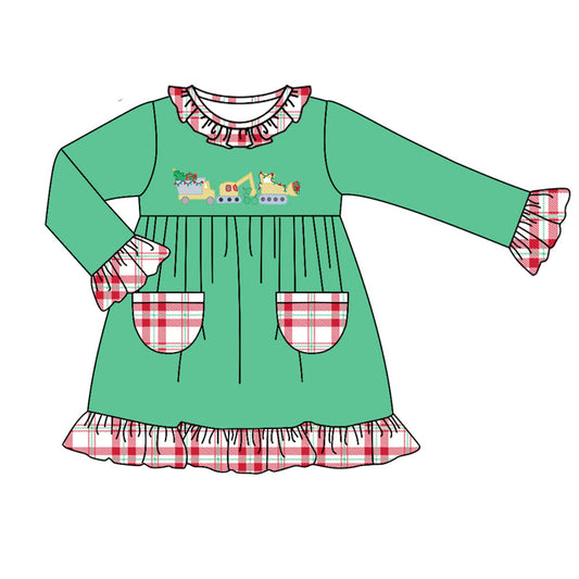 Pre-order Baby Girl Long Sleeves Christmas Tractor Green Dress