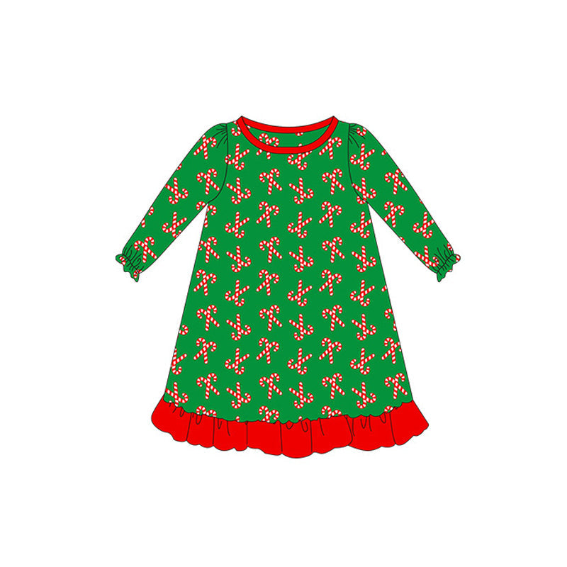 Pre-order Baby Girl Long Sleeves Christmas Candy Cane Green Dress