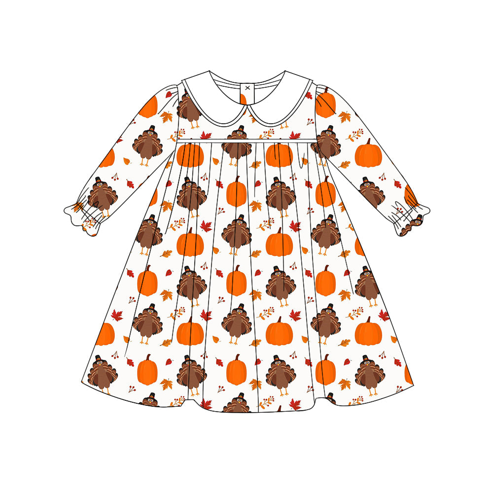 Pre-order Baby Girl turkey Thanksgiving Pumpkins Knee Length Dress