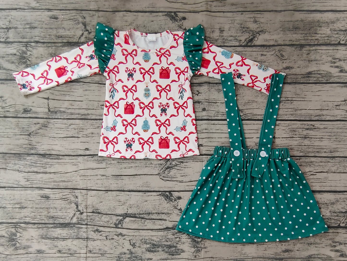 Baby Girl Long Sleeves Christmas Bows Gifts Tunic Suspender Skirt Set