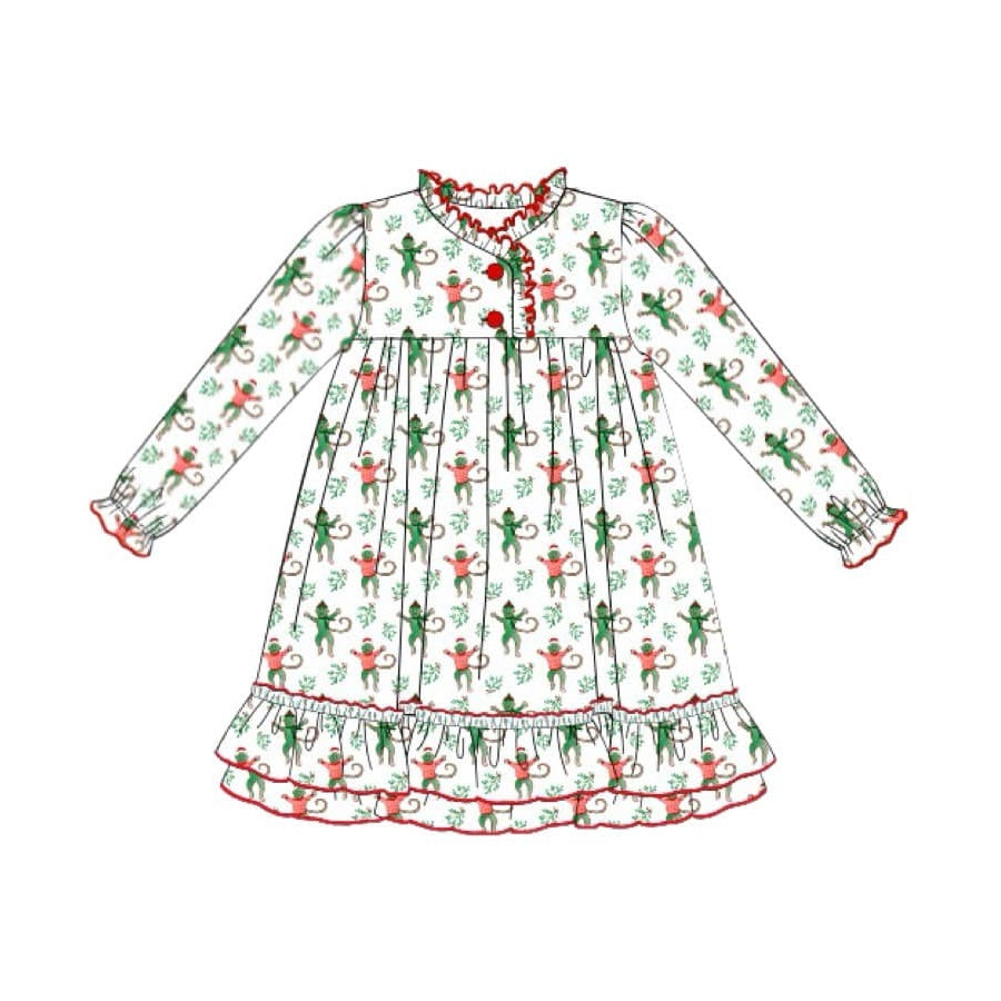Pre-order Baby Girl Christmas Monkey Long Sleeves Gown Dresses