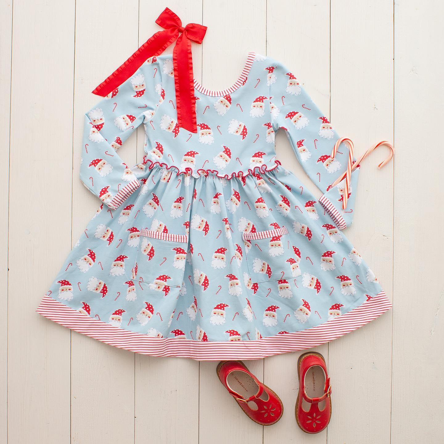 Pre-order Baby Girl Long Sleeves Christmas Santa Pockets Blue Dress