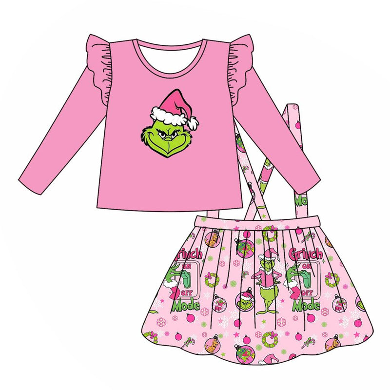 Pre-order Baby Girl Christmas Pink Frog Shirt Suspender Skirt Set