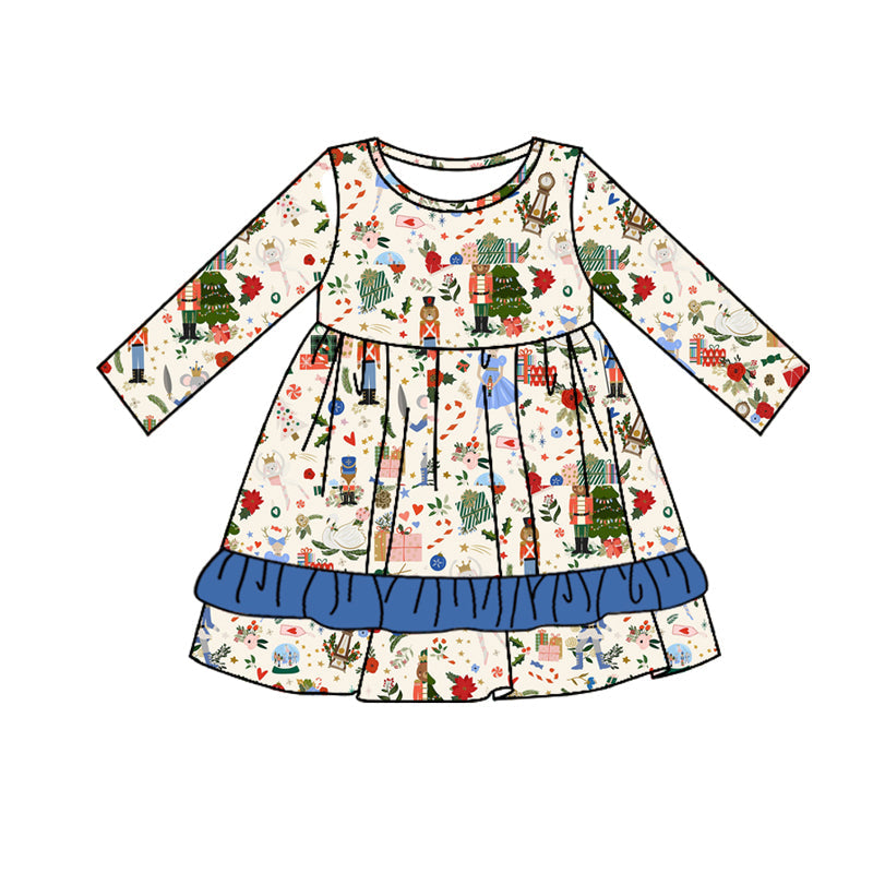 Pre-order Baby Girl Long Sleeves Christmas Soldier Blue Dress