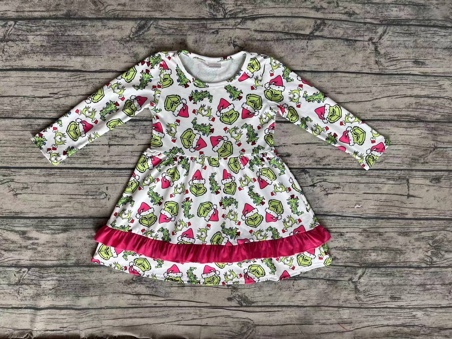 Baby Girl Long Sleeves Christmas Green Face Hearts Dress