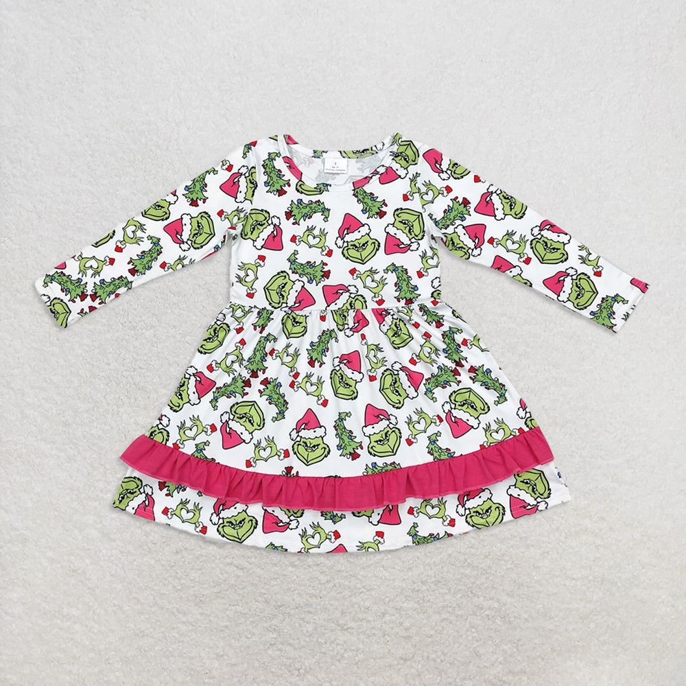 Sibling Baby Girls Kids Long Sleeves Green Face Christmas Ruffle Knee Length Dresses RTS