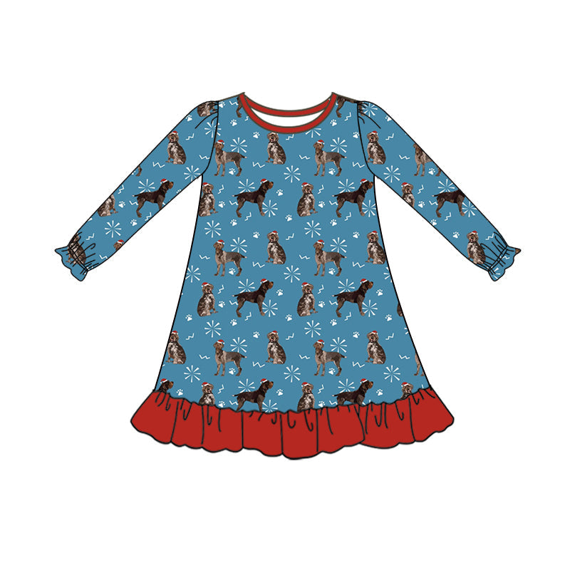 Pre-order Baby Girl Long Sleeves Christmas Dogs Snowflake Dress