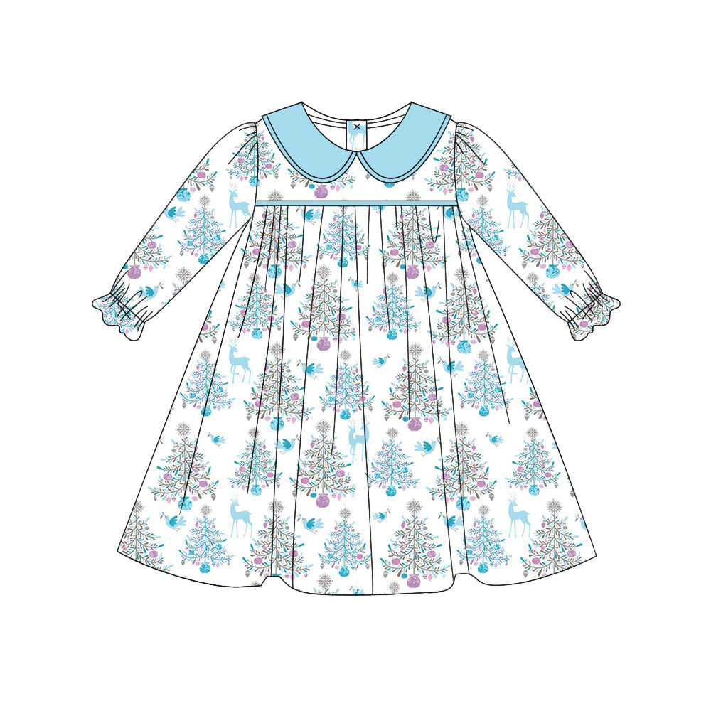 Pre-order Baby Girl Long Sleeves Christmas Trees Blue Dress
