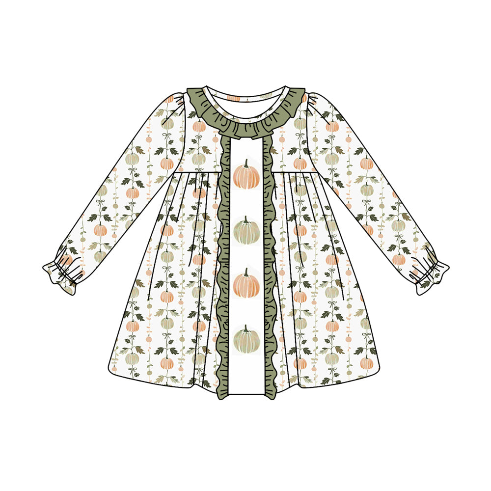 Pre-order Baby Girl Fall Green Pumpkin Long Sleeves Dress