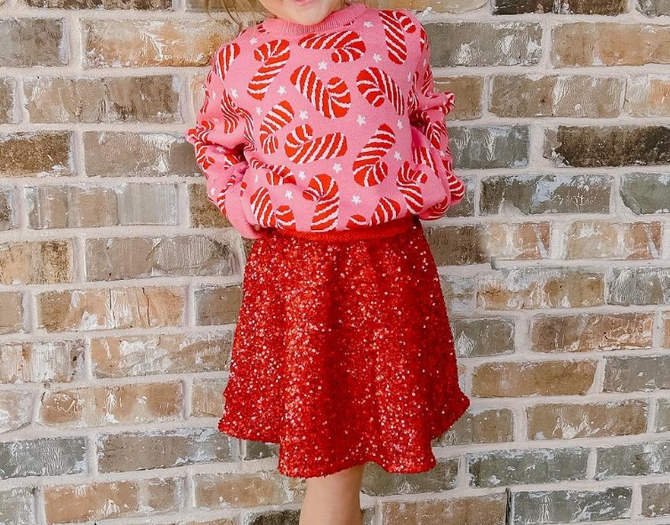 Baby Girl Christmas Candy Cane Sweater Red Sequin Skirt Set