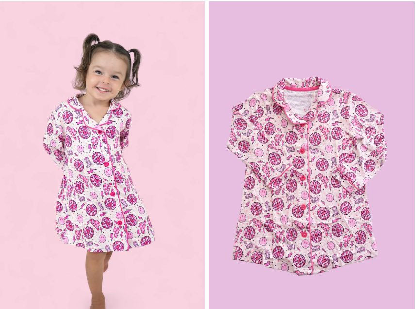 Pre-order Baby Girl Western Disco Pink Smile Sleepwear Gown Dress Pajamas