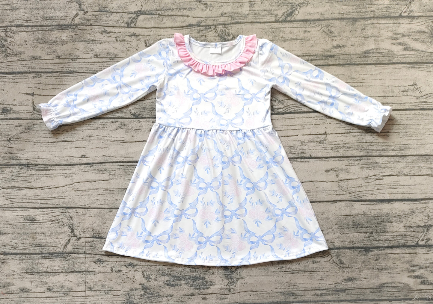 Baby Girl Long Sleeves Blue Bows Flowers Fall Dress