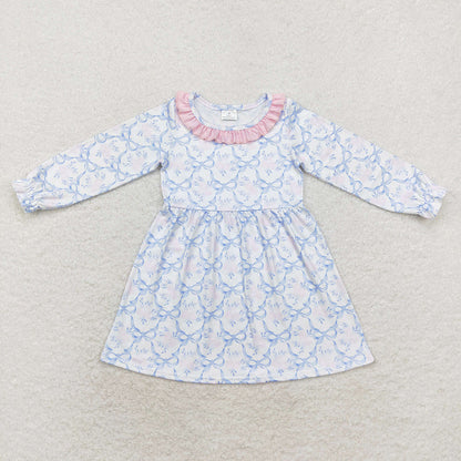 Sibling Baby Girls Kids Long Sleeves Bows Flowers Knee Length Dresses RTS