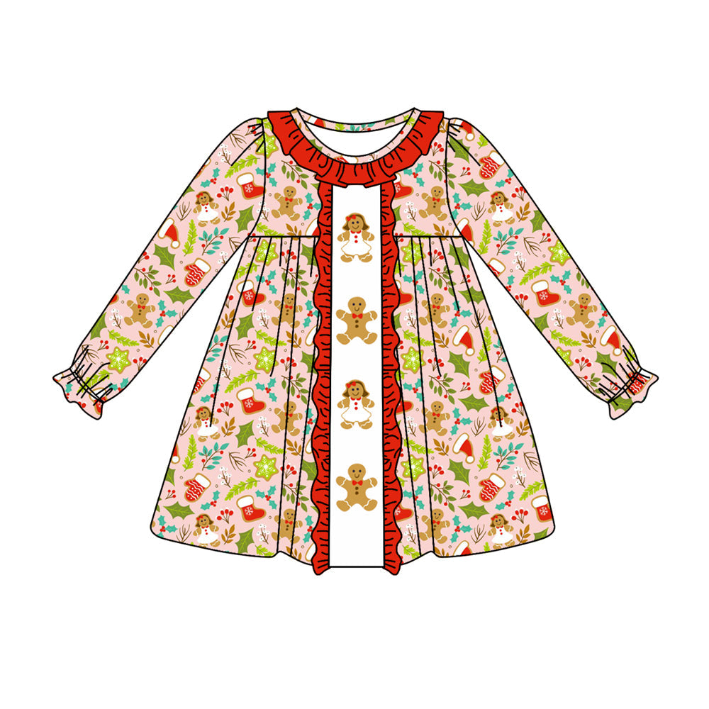 Pre-order Baby Girl Long Sleeves Christmas Gingerbread Ruffle Dress