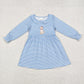 Baby Boy Girl Blue Stripes Embroidery Dog Sibling Dress Romper