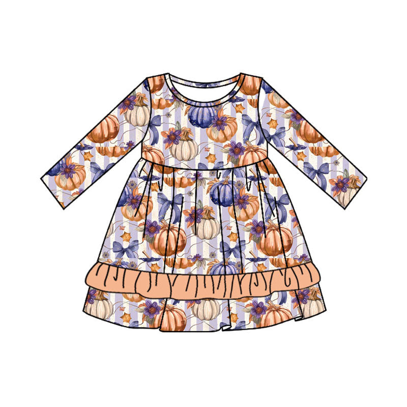 Pre-order Baby Girl Pumpkin Purple Bows Ruffle Dress