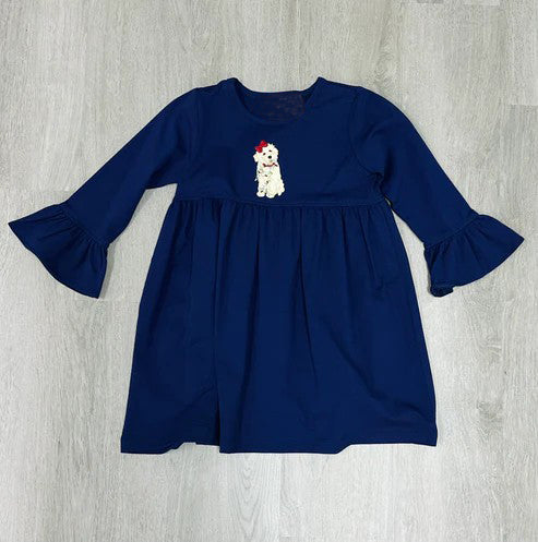 Pre-order Baby Girl Navy Dogs Long Sleeves Dress