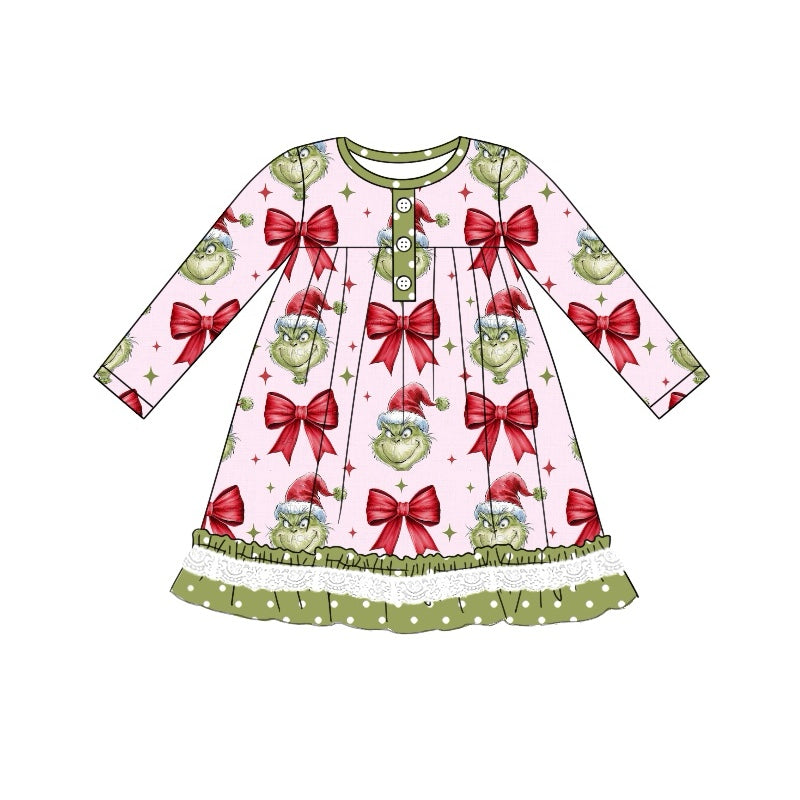 Pre-order Baby Girl Christmas Green Face Bows Ruffle Dress