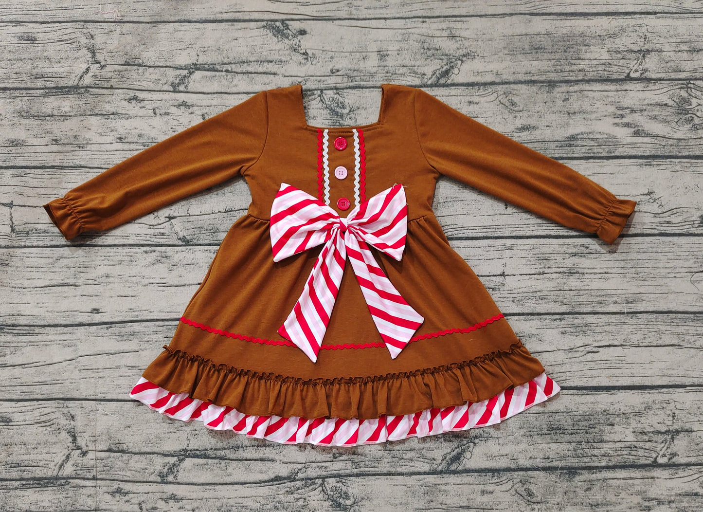 Baby Girl Long Sleeves Brown Gingerbread Bow Christmas Dress